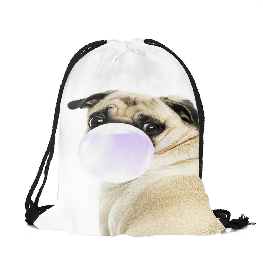 Pug Dog-Mochila con estampado 3D para mujer y niña, bolsa de viaje con cordón, de poliéster ecológico,
