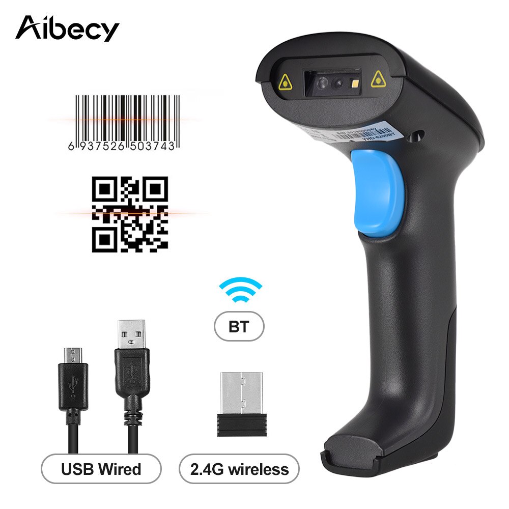 Aibecy Handheld 3-in-1 Barcode Scanner BT&2.4G Wireless & Wired 1D 2D Bar Code Reader with Receiver USB Cable for Mobile Payment