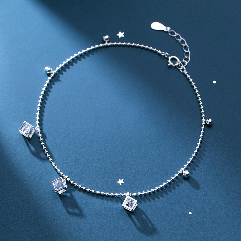Decoratie Op Voet Enkelbandje Armband Op De Been Voet Vrouwen Zilver 925 Been Ketting Sieraden Ronde Kralen Zirkoon geometrie Kubus