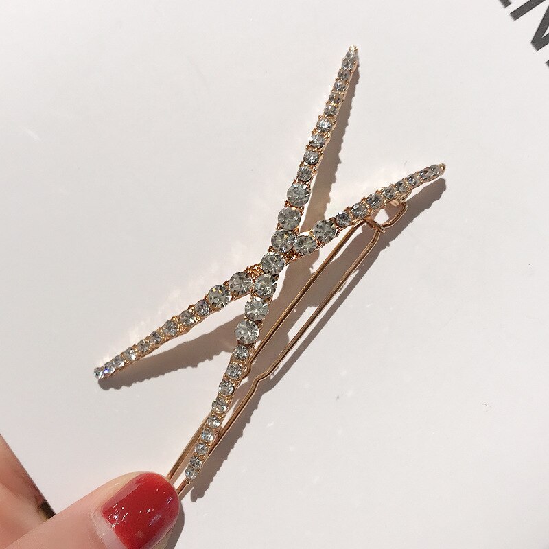 Horquillas con cristales geométricos para el pelo para niña y mujer, horquillas de Metal con diamantes de imitación, accesorios para el cabello, 1 unidad: X Gold