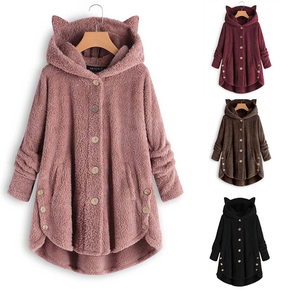 Wol Blend Vrouwen Knop Kat Oor Jas Pluizige Turn-down Kraag Uitloper Jacket Casual Tops Hooded Trui Losse trui #45
