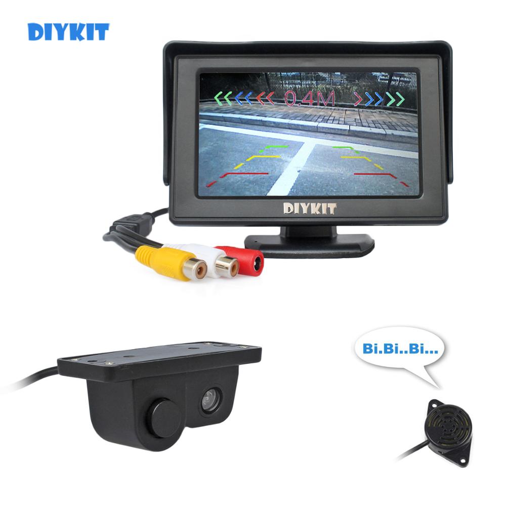 Diykit Wired 4.3 Inch Kleuren Tft Lcd Auto Monitor + Waterdichte Parking Radar Sensor Auto Camera Parking System Kit 2 in 1