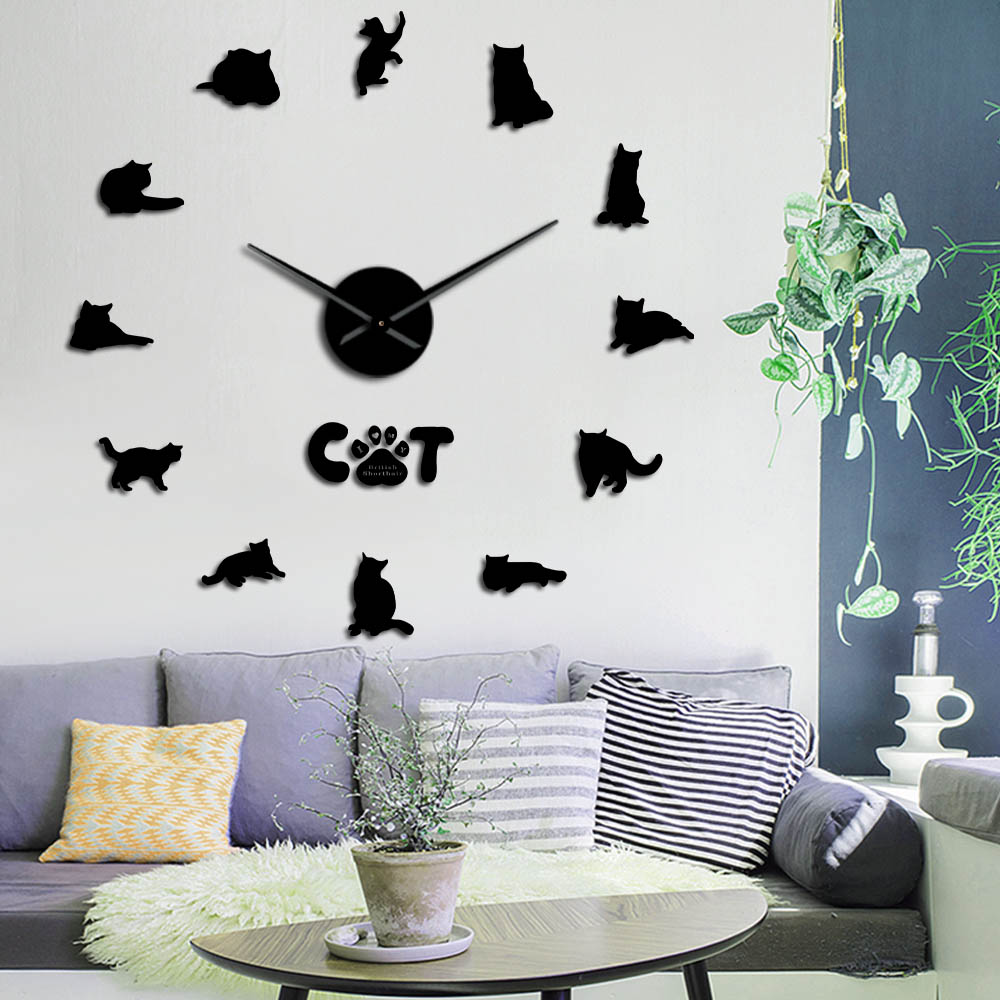 Britisk korthår kat wallsticker dekorativt gør-det-selv stort vægur grå kat rammeløs kat silhuet tal moderne ur ur