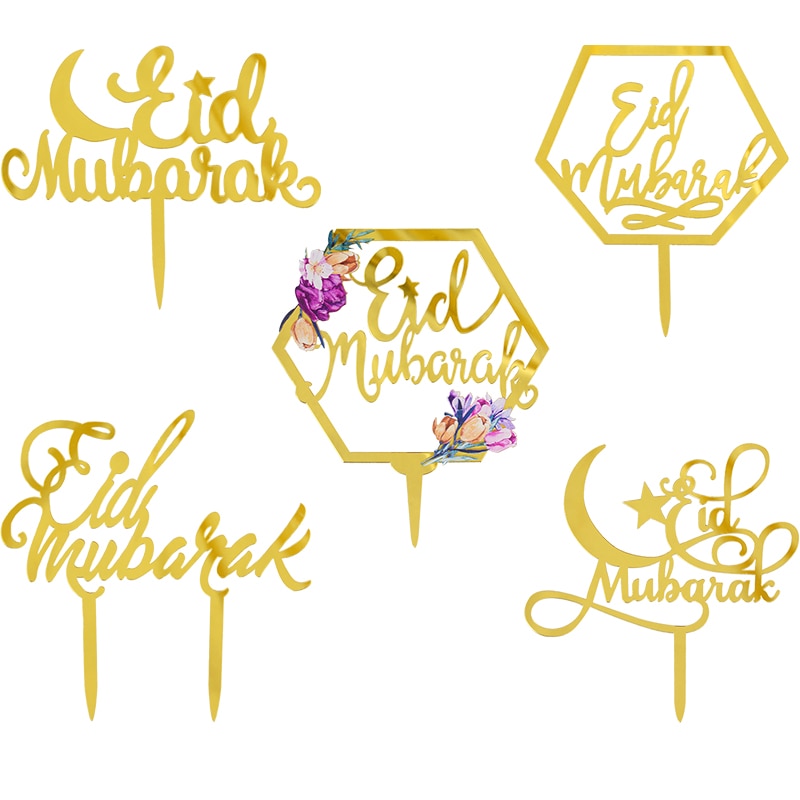 Eid Mubarak Cake Toppers Golden Acrylic Moon Cake Topper for Islamic Muslim Festival Banquet Ramadan Cupcake Decorations Supplie