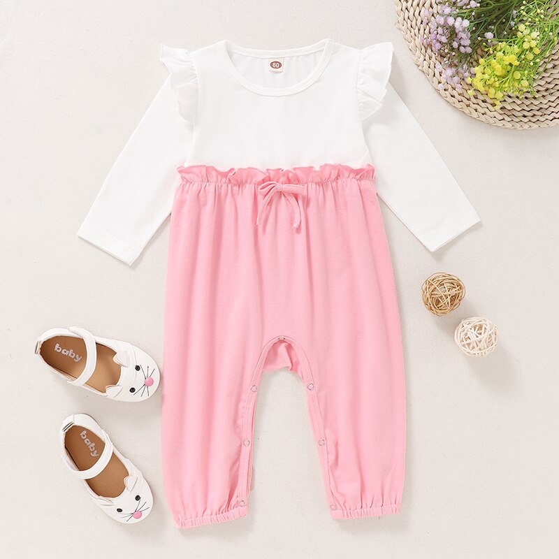 Ropa Para niña recién nacida de 0 a 2T, mono con volante para niña pequeña, mono de empalme blanco y rosa de manga larga, mono barato: 92(18-24M)