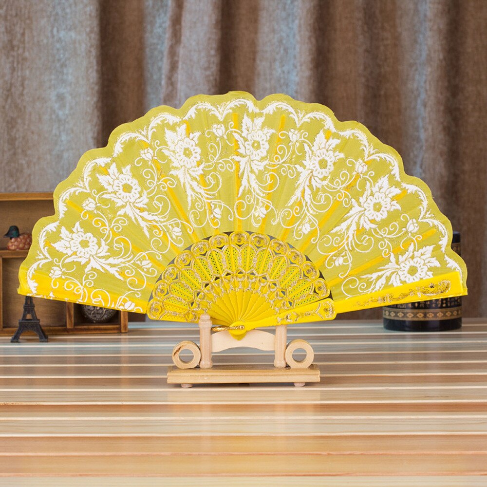 Zomer Chinese/Spaanse Stijl Dance Wedding Party Lace Silk Folding Handheld Bloem Fan Kleurrijke: Yellow 