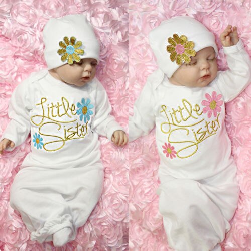 Nyfødte baby piger nattøj robes langærmet romper jumpsuit hat tøj hjem outfits sæt