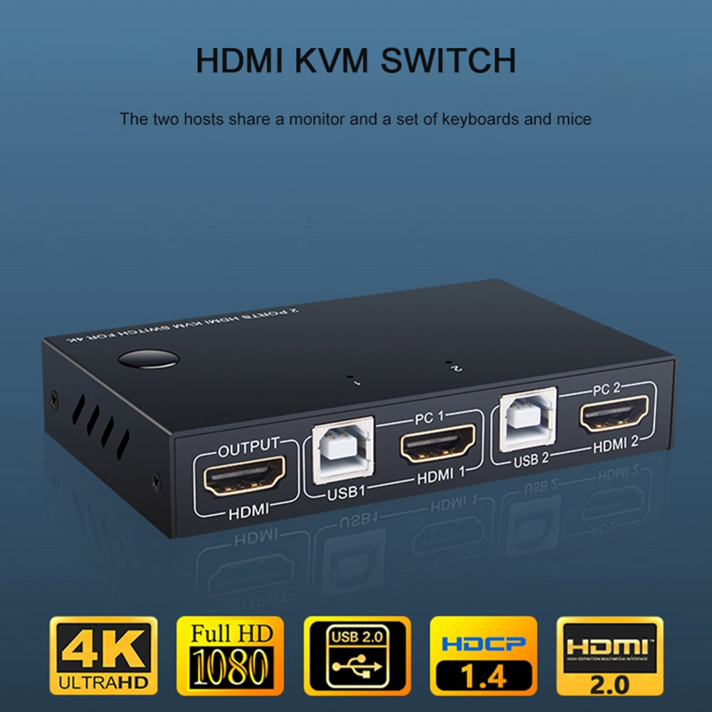2 Port HDMI USB KVM 4K Switcher Splitter for Sharing Monitor Keyboard Mouse Adaptive EDID/HDCP Decryption