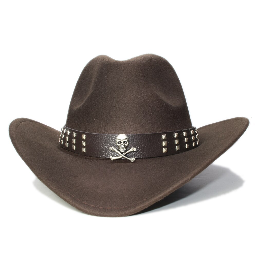 Sombrero de ala ancha de lana para niños, gorra de Fedora, banda de cuero con Calavera, Estilo Vintage Retro, vaquero, Occidental, ajustable, 54cm