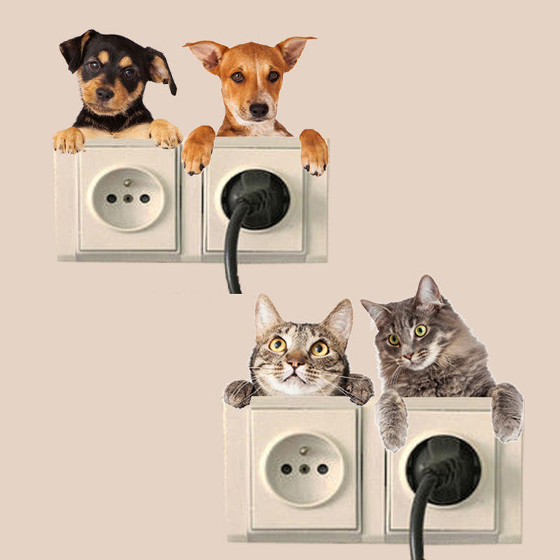4 stks/set 3D Levendige Kat Hond Schakelaar Stickers Badkamer Woonkamer koelkast Decoratie Dier Decals Art Sticker Muur Poster