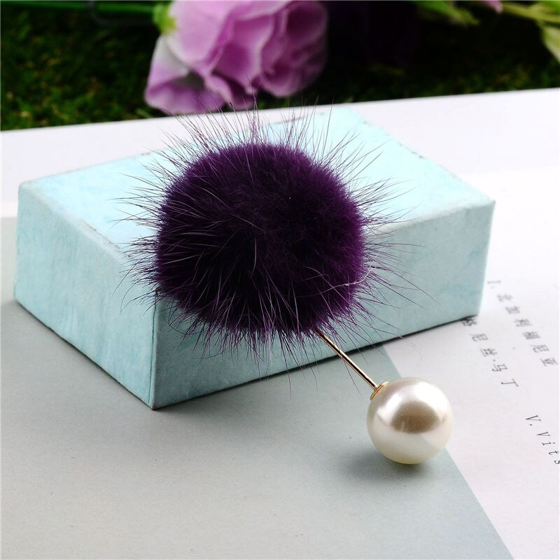 1 stuk Leuke Pom Pom Bal Imitatie Parel Badge Pin Op Broche Pins Voor Vrouwen Jurk Kraag Pak Revers Sieraden decoraties: purple