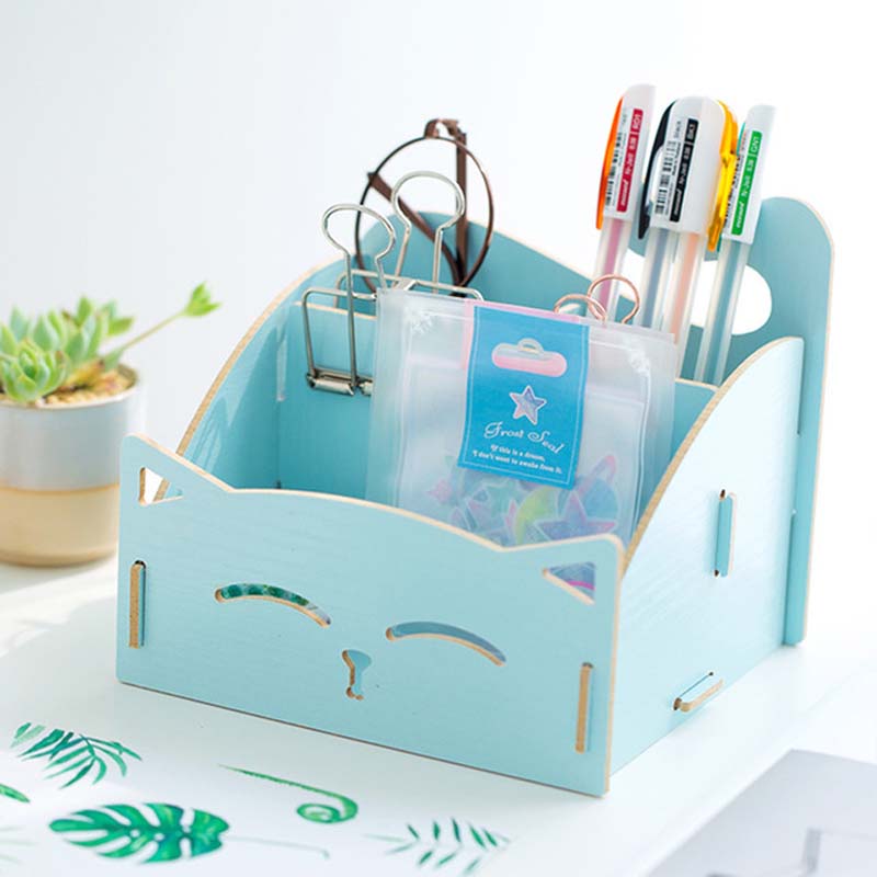 Wooden Kawaii Cute Pen Holder Office School Storage Case Stationery Organizer Office Supplies