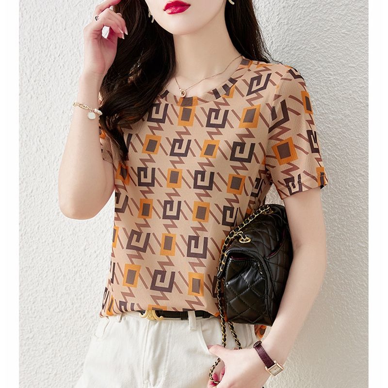 Zomer Koreaanse Stijl Bloemen Casual Trui Vrouwelijke Elegante Mode Print Korte Mouw Tops Vrouwen Chiffon Zweet Femme Kleding: XXXL / Beige