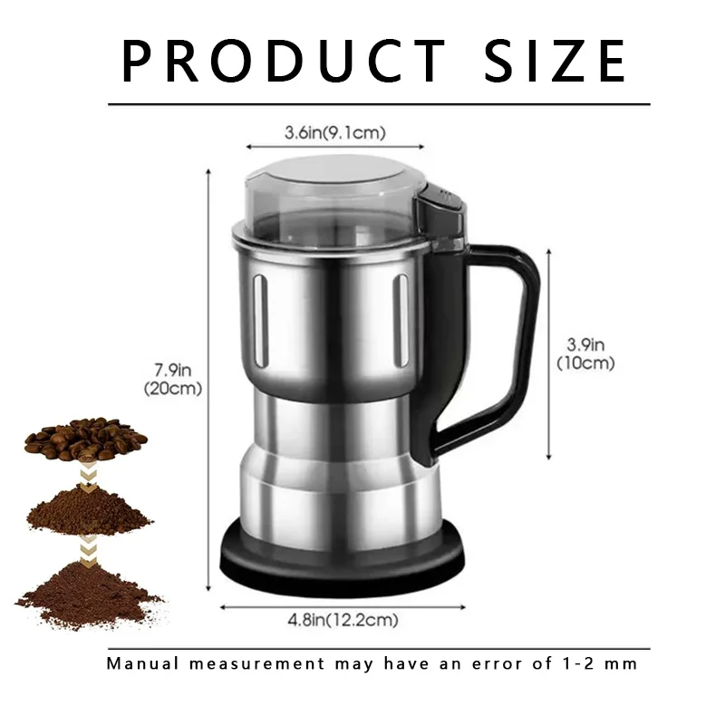 500ml elektriske kaffekværne i rustfrit stål med 4 blade og kaffebønnekværn, bærbart håndtag, multifunktionel krydderikværn til hjemmebrug