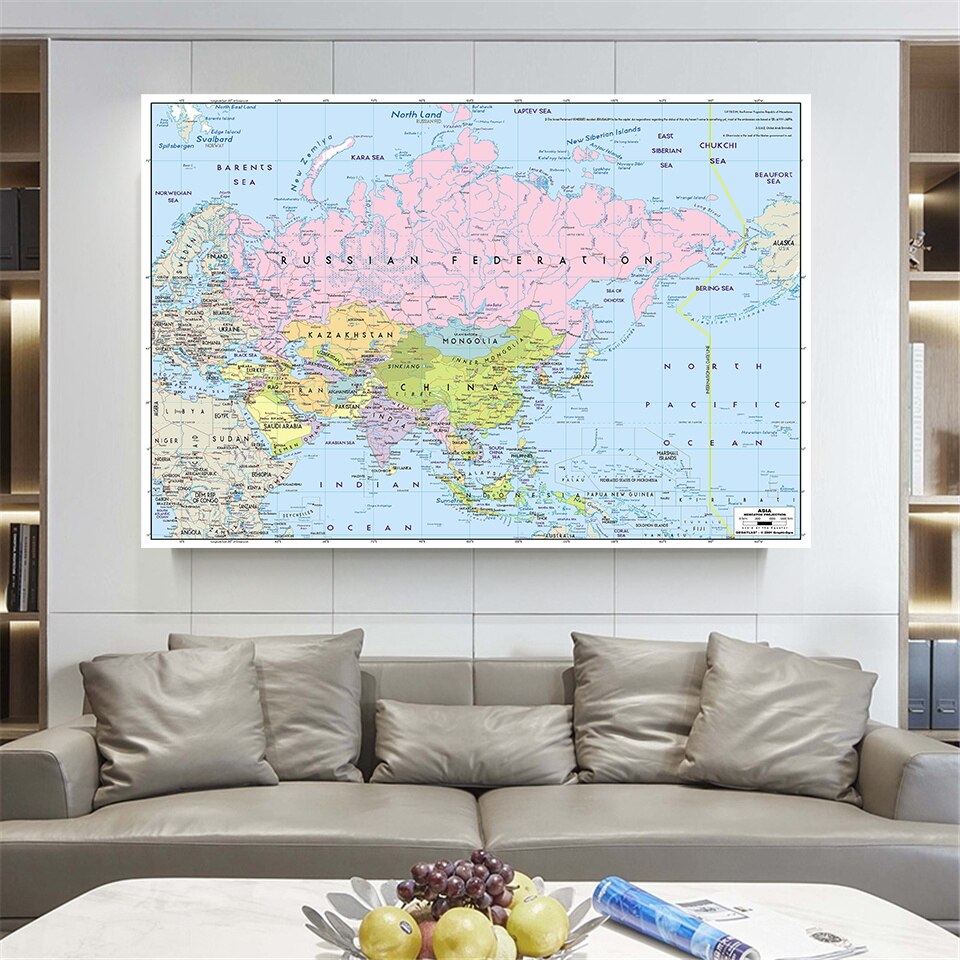 225*150cm The Asia Political Map Wall Art Poster Non-woven Canvas Painting Classroom Home Decor School Supplies