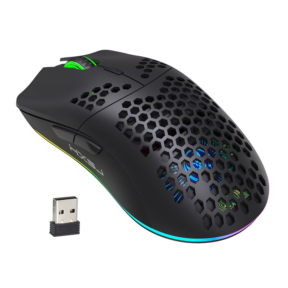 HXSJ T66 RGB Wireless Gaming Mouse Honeycomb Shell 7 Macro Programmable Buttons Rechargeable Optical Mice for PC Gamer Mouse: Black
