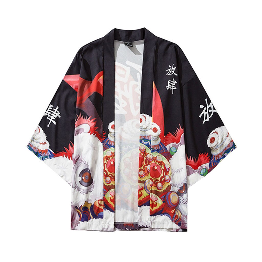 Casual de los hombres camisa de playa de verano japonés cinco punto Kimono con mangas unisex capa chaqueta blusa yukata #1,17: 5 / M