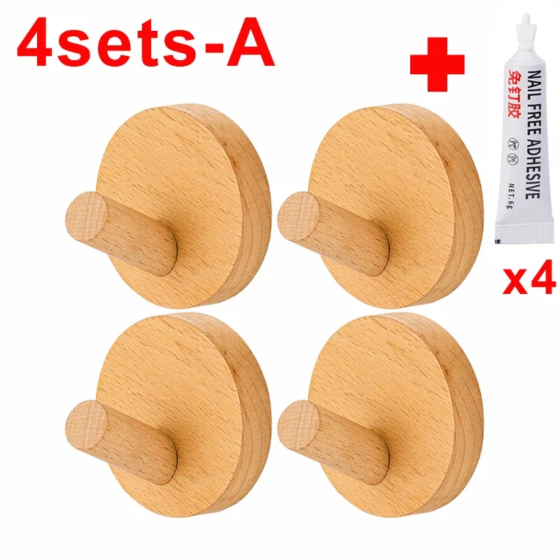 4/1 set träväggkrokar, väggmonterade vägghängare för att hänga handdukar, kläder, nyckelringar, heminredning, krokar med lim: Klar