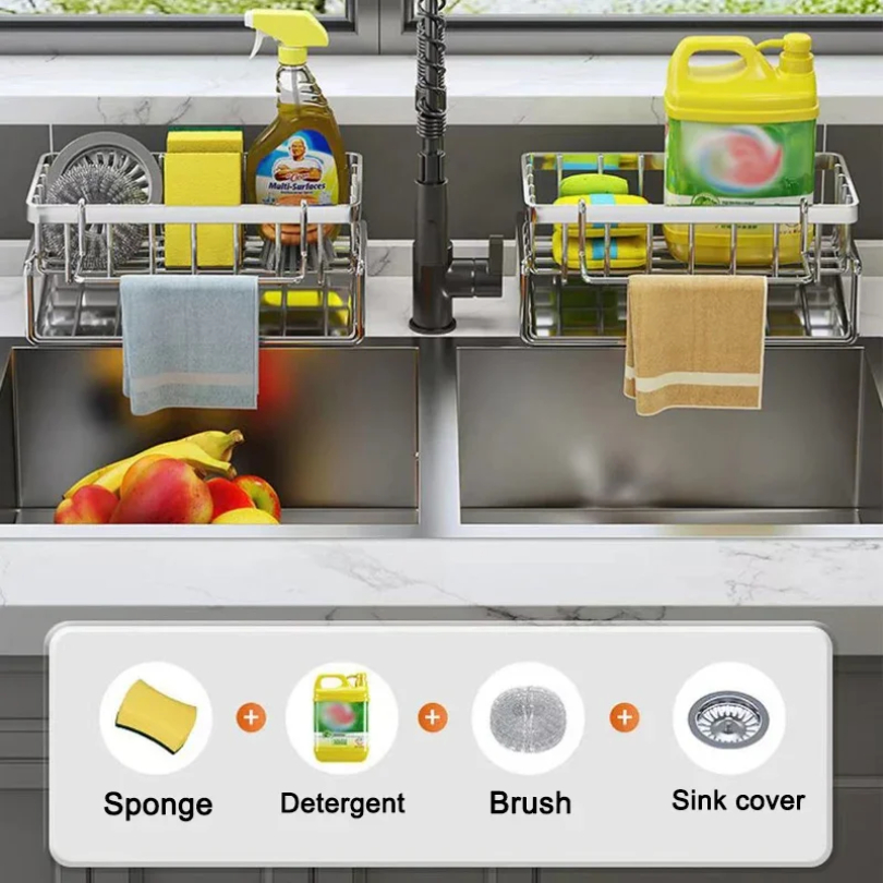 Estante de almacenamiento de Herramientas de limpieza de fregadero, escurridor multifuncional de cocina para esponja limpiadora, organizador, colgador de trapo