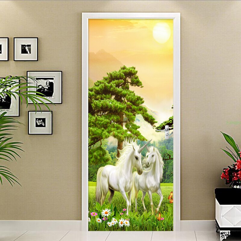 2 stuks/set Zelfklevende Deur Sticker 3D Bos Dier Behang Woonkamer Home Decor Plakken PVC Waterdichte Deur Muur sticker