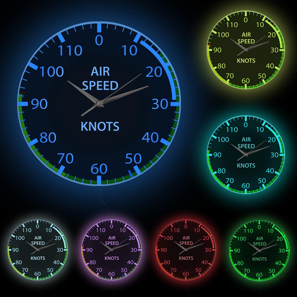 Air Craft Airspeed Indicator Pilots Wall Clock Knots Markings Aviation Home Decor Airplane Instruments Thermometer Wall Watch: White Frame With LED