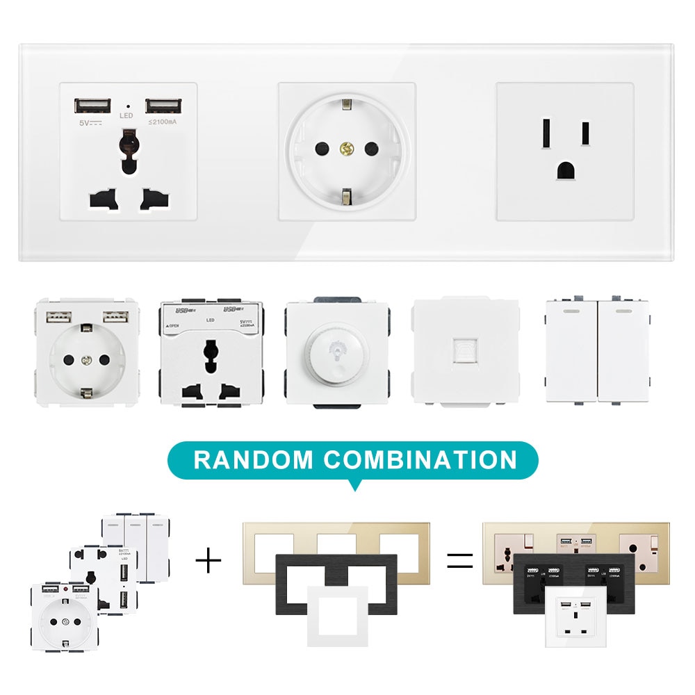 Sran eu standard vägg flerrams eluttag med usb-kontakt jordad svart glas dubbel usb-uttag 4 laddningsportar