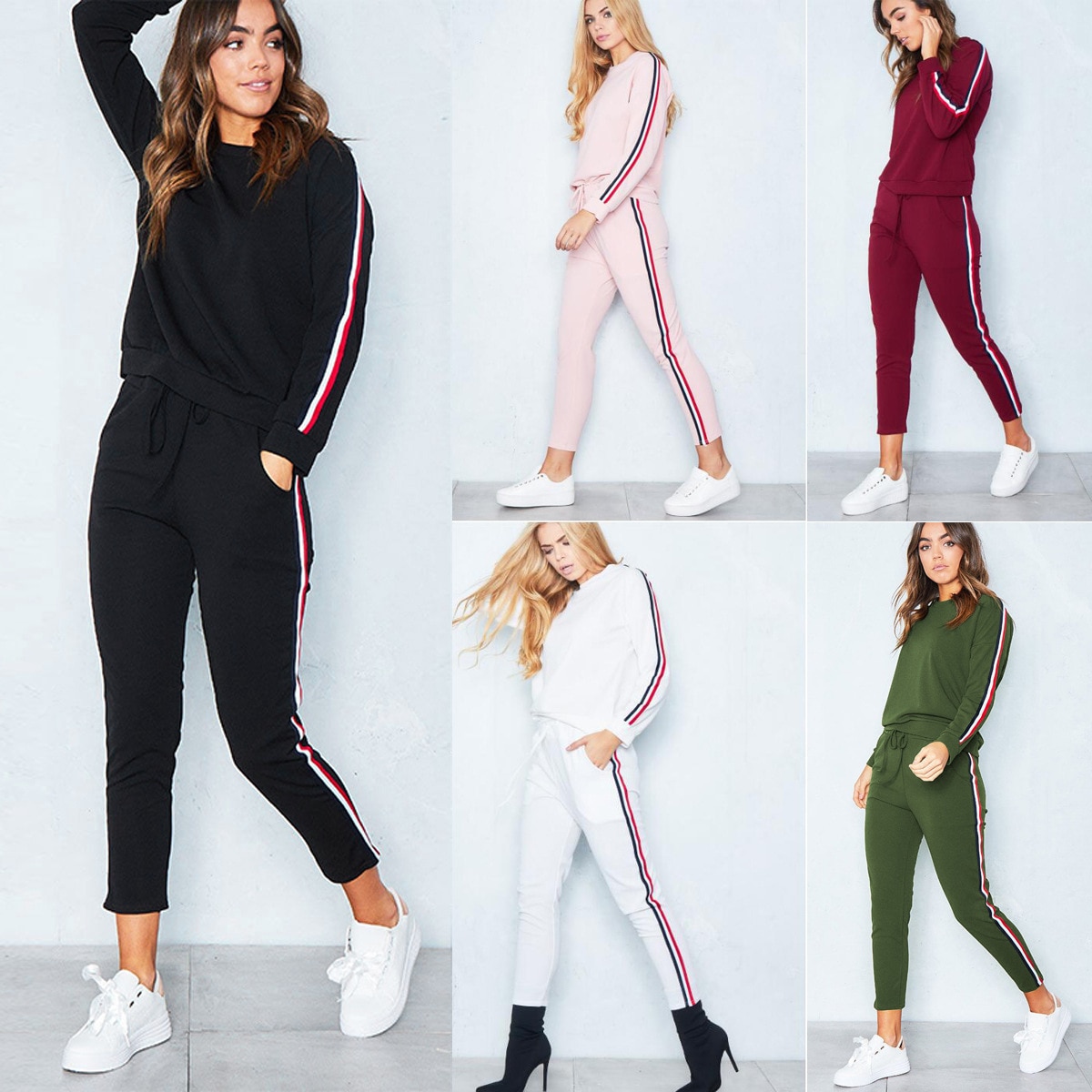 Gestreepte Solid Mode Pak Set Vrouwen Trainingspak Tweedelige Sport Stijl Outfit Jogging Sweater Fitness Lounge Sportwear