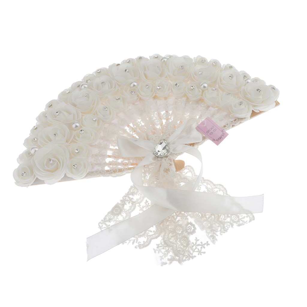 Lace Rose Flowers Plastic Folding Hand Held Fan (White)