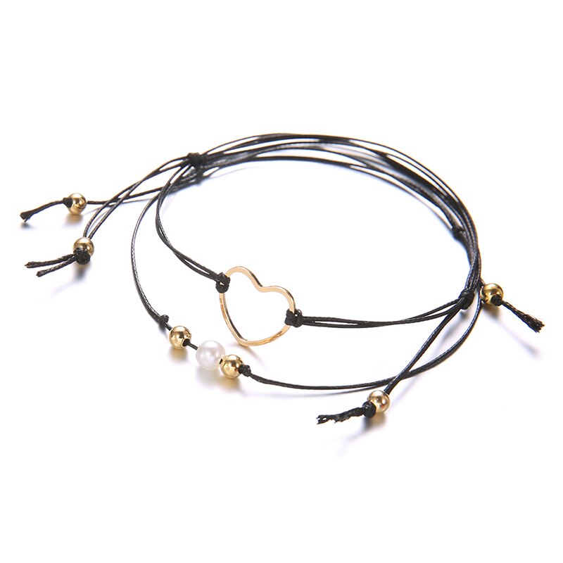 Bracciale regolabile con perle a cuore semplice da 2 pz/set da donna bracciale in pelle intrecciata con perline nero grigio