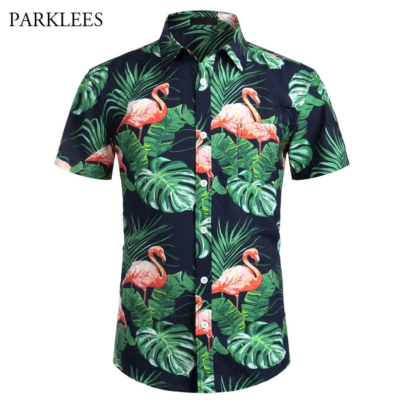 Flamingo Print Hawaiian Shirt Voor Mannen Zomer Korte Mouw Heren Katoen Strand Hawaii Shits Casual Knop Pocket Aloha Camisas