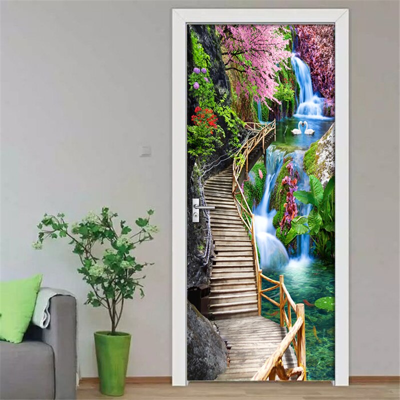 Modern Bridge Waterfall Scenery 3D Door Stickers M... – Grandado