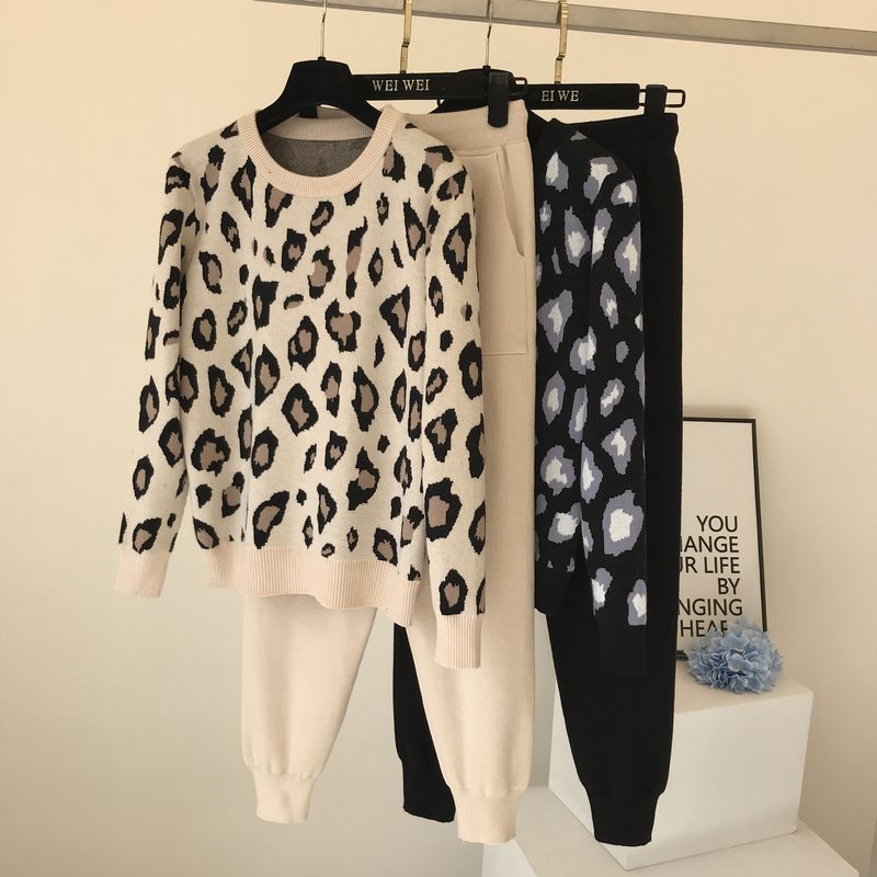 Amolapha dam stickad leopard pullover tröjor+byxor set kvinna jumpers byxor 2 st kostymer outfit