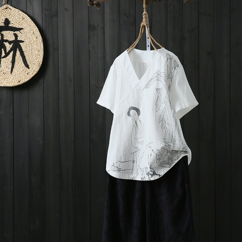Katoen Linnen Chinese Zomer Blouses Zomer Shirt Korte Mouw Oosterse Cheongsam Tops Traditionele Chinese Kleding 10382: 1