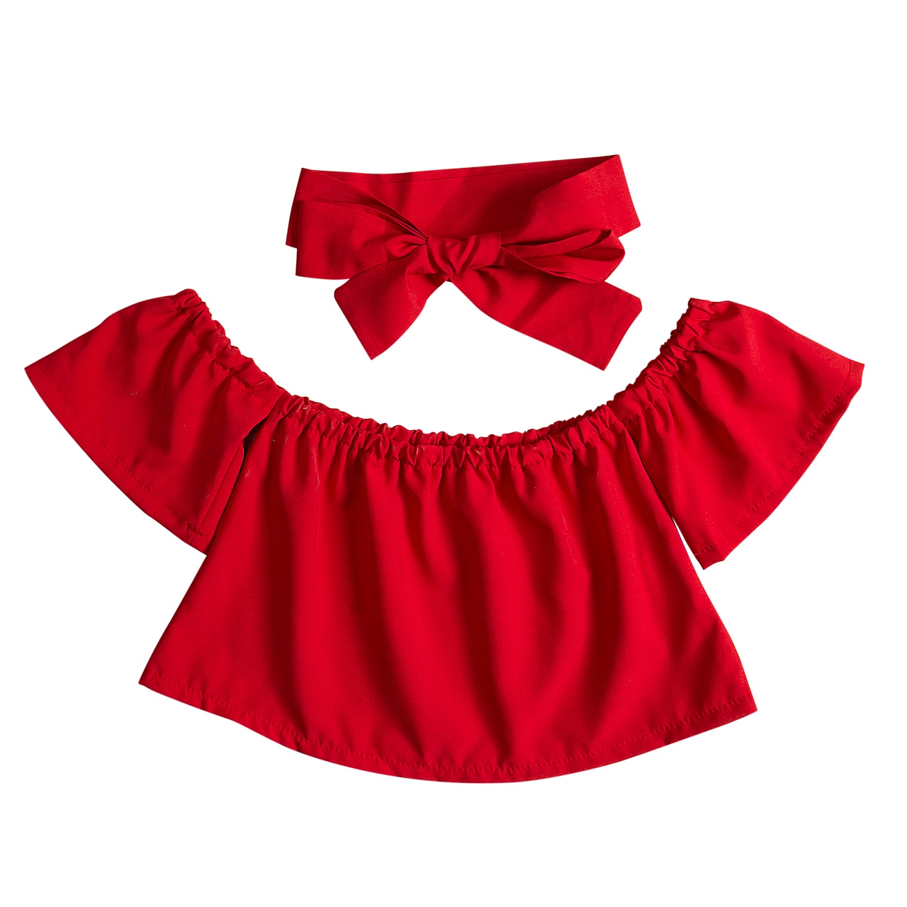 Emmababy baby top met ruches aan de mouwen, strik hoofdband blouse schattige kleding 3 kleuren voor 0-6y: Rood / 4