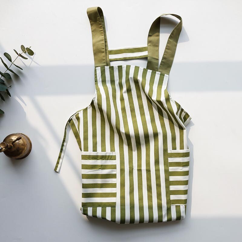 Women Girls Cotton Work Cloth Adult Kitchen Cooking Cleaning Apron 2 Pockets Cute Striped Wave Point Uniforms Delantal Tablier: Striped green