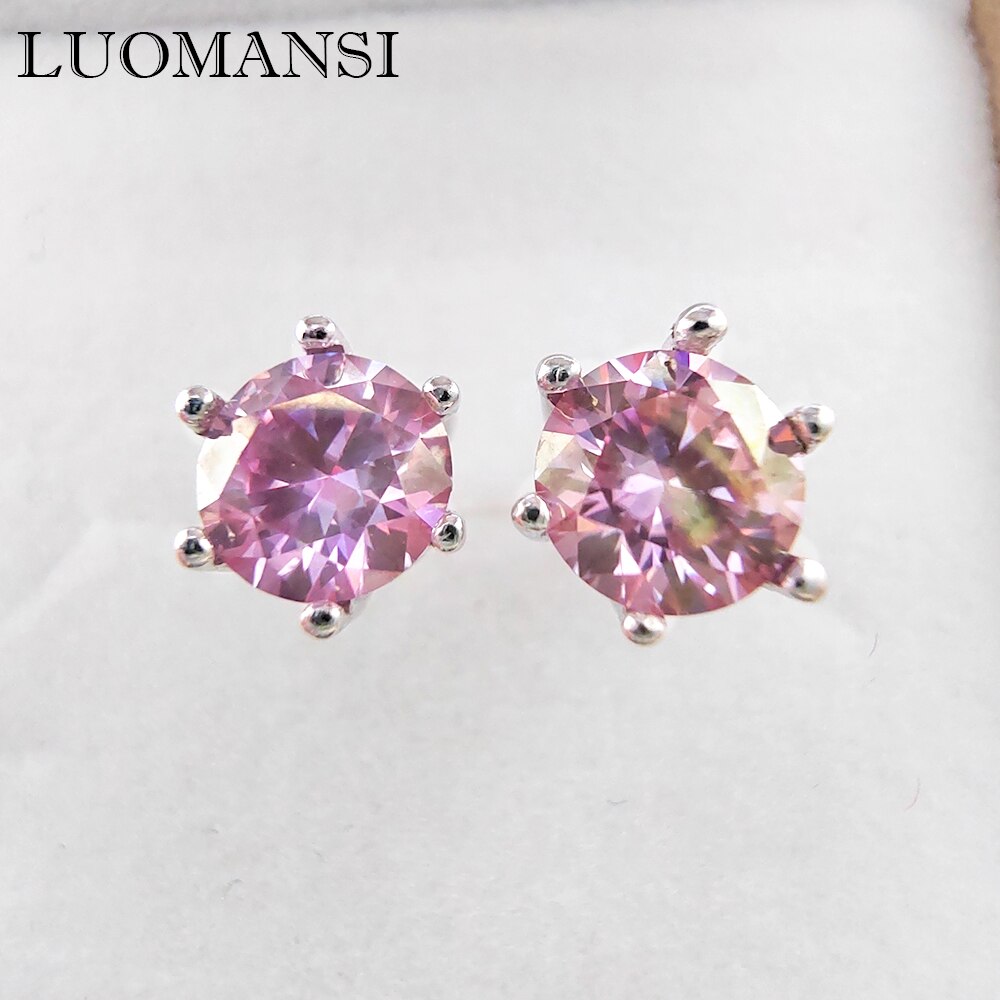 Luomansi 6 Klauw S925 Zilver Roze Stud Oorbellen 1 + 1CT Geel Blauw Groen Moissanite Pass Diamond Test Sieraden Bruiloft party