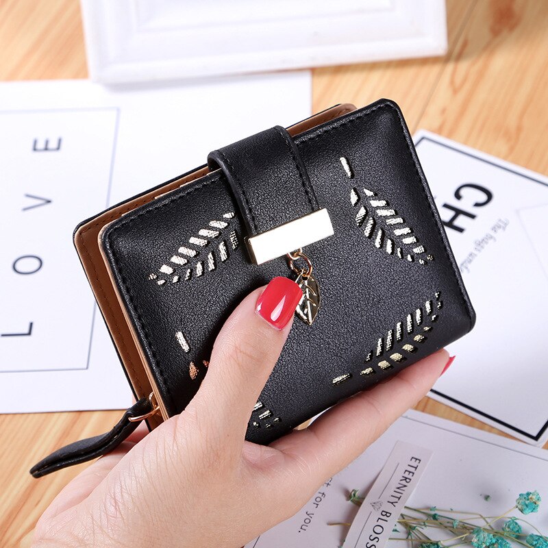 Vrouwen portemonnee pu leren portemonnee dames lange portemonnee gouden holle bladeren buidel handtas voor vrouwen portemonnee kaarthouders clutch: Zwart een