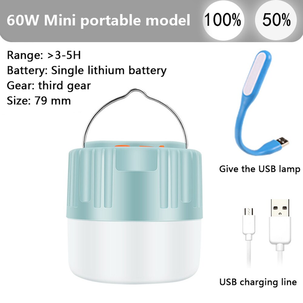 Portable Outdoor Solar Bulb Lanterns Light With Hook Camping BBQ Hiking Lamp USB Rechargeable Waterproof Emergency Tent Lights: 60W No Solar