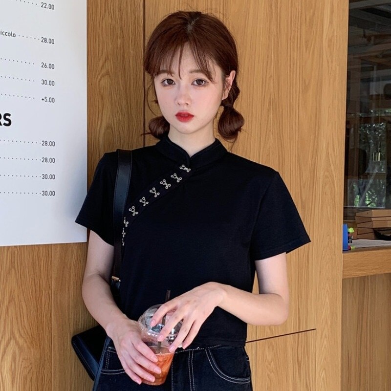 Black Cheongsam Top Asian Streetwear T Shirt Crop Tops For Teens Chinese Style Clothing Women Gothic Crop Top Femme V2161: 1
