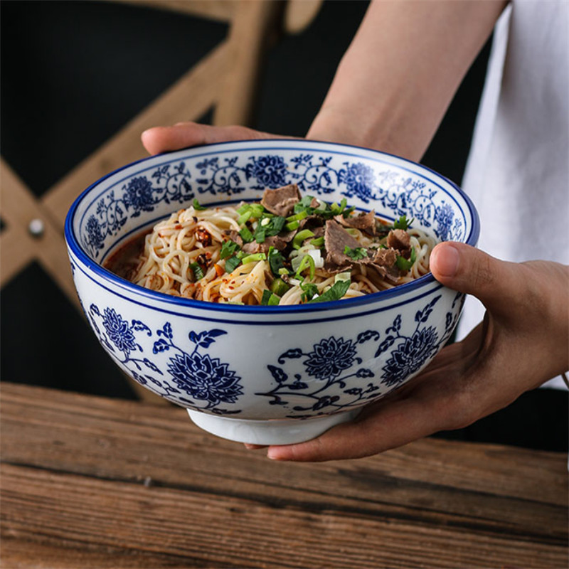 Blue and White Porcelain Hat Soup Bowl Ceramic Chinese Tableware Household Ramen Bowl Restaurant Large Instant Noodle Bowl
