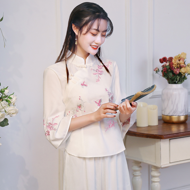 Retro koszula wyszywana w stylu chińskim kobiety lato nowy Hanfu chiny Top Cheongsam tradycyjny strój Tang bluzki Femme 2022: White / XL