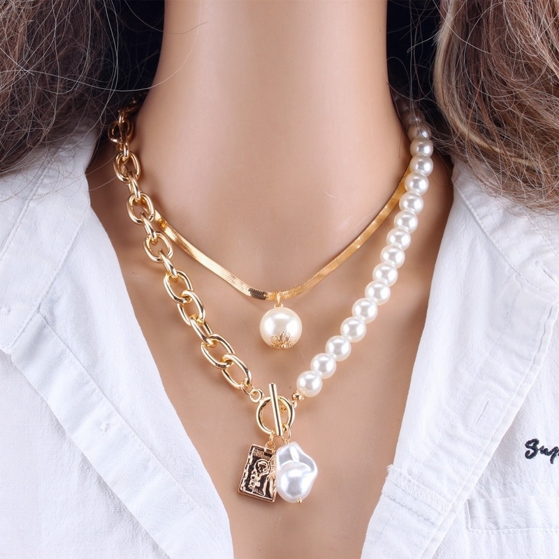 Women punk 2 Layers Pearls Pendants Necklaces Metal Snake Chain Necklace Jewelry