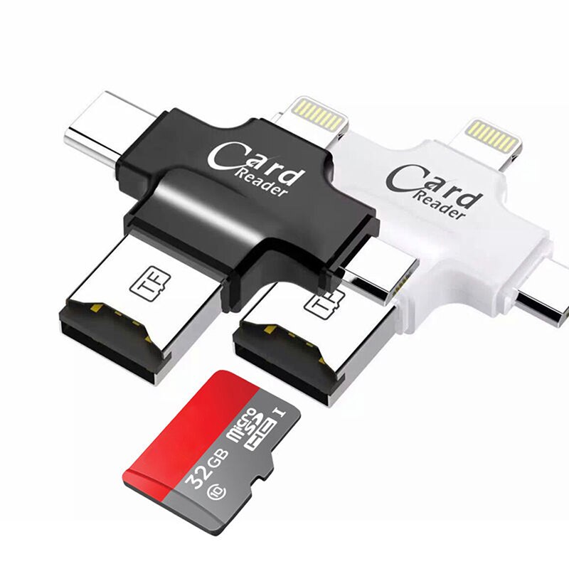 Leitor de cartão de memória 4 em 1, usb tipo c/lightning/micro usb 2.0 otg micro sd sdxc sdhc tf para ios/iphone android