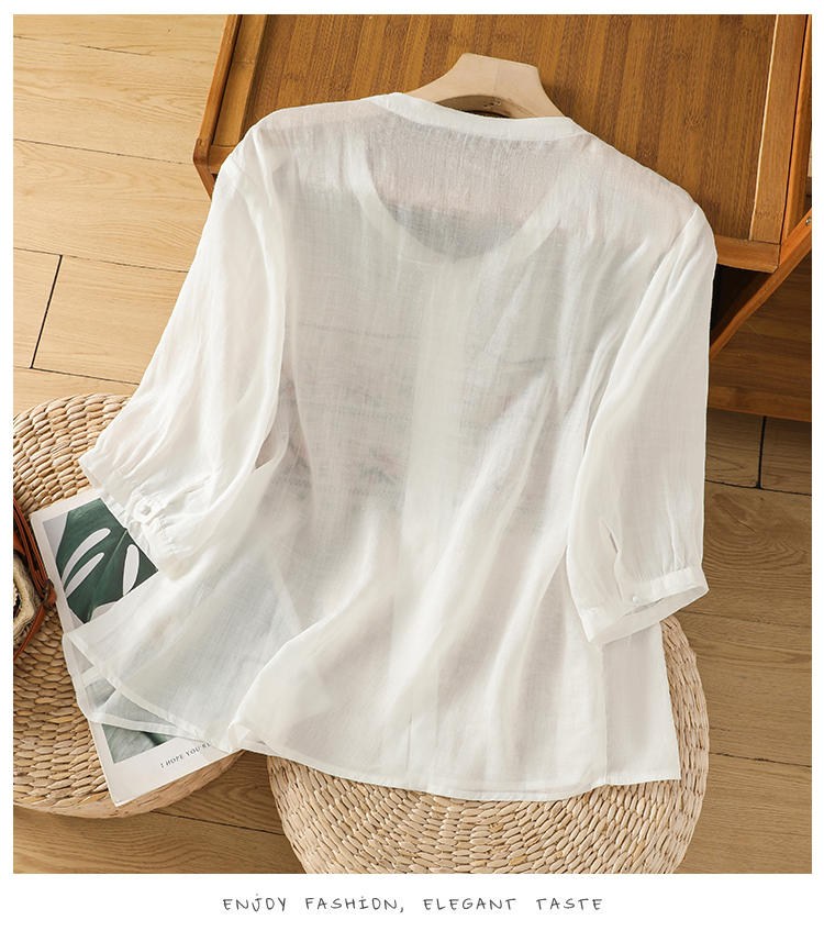 Retro Cotton Linen Shirt Women Embroidery Oversized Relaxed Fit Woman Blouse Artistic Summer Ladies Tops Camiseta Mujer