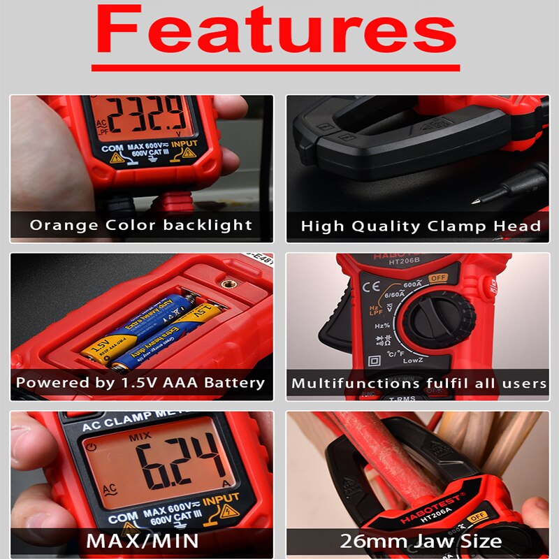 Current Clamp Meter Multimeter HABOTEST HT206 Series AC DC Amp Meter Digital Amperometric Voltage Tester HT206D