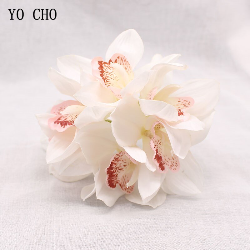 YO CHO Nep Orchidee Bloem DIY Bruidsmeisje Boeket Bruiloft Bloem 6 Heads Orchidee Boeket Bloemstuk Groen Thuis Party Decor: white