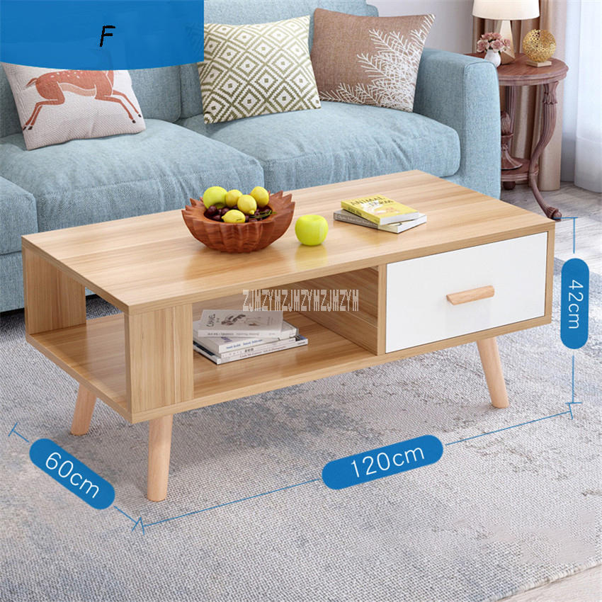 BO-003 Minimalist Modernity Coffee Table Rectangular Teapoy 1-Drawer Modern Living Room Side Table Solid Wooden Leg Tea Table: F