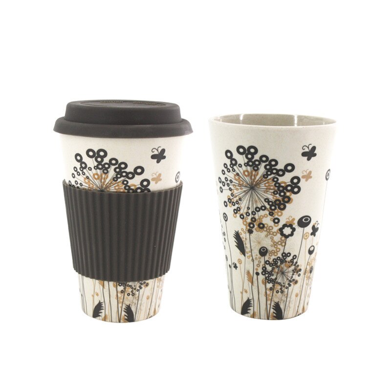 400ml Eco-Friendly Bamboo Fiber coffee mug with chinese painting reusable Anti-scalding Milk tea travel mugs and cups e: Dark Gray