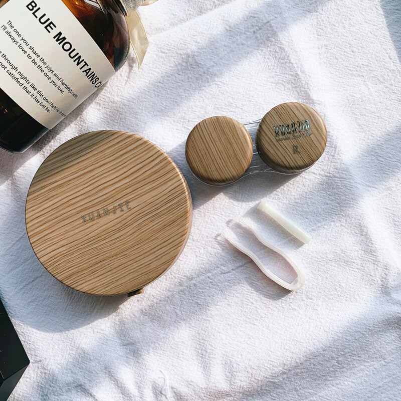 Natural series Round contact lens case with mirror storage box Lens container Imitation wood grainEye contacts case