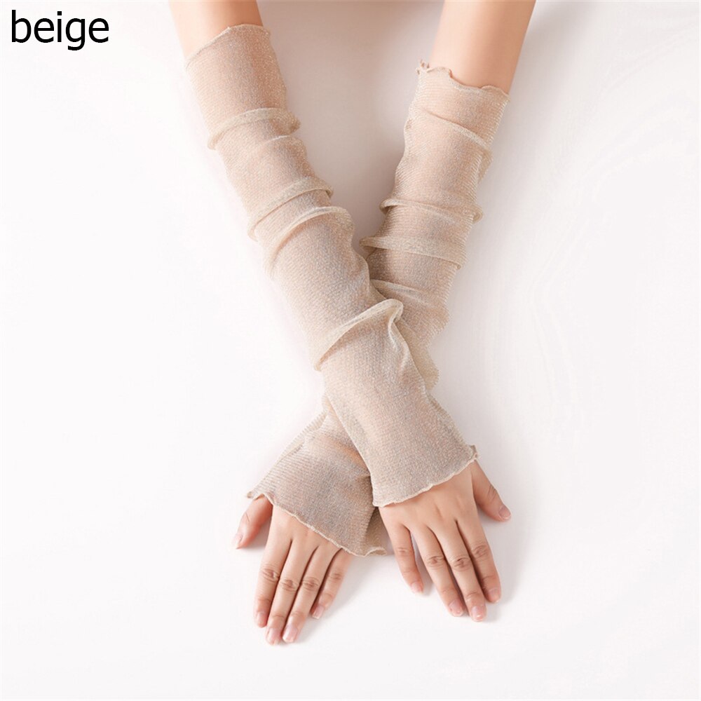 Gants longs en dentelle sans doigts pour femmes, manchons de Protection solaire, maille en dentelle, fins pour cyclisme, mancherons pour les bras de conduite,: beige